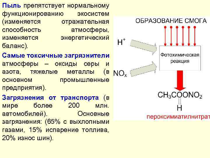 Пыль препятствует нормальному функционированию экосистем (изменяется отражательная способность атмосферы, изменяется энергетический баланс). Самые токсичные
