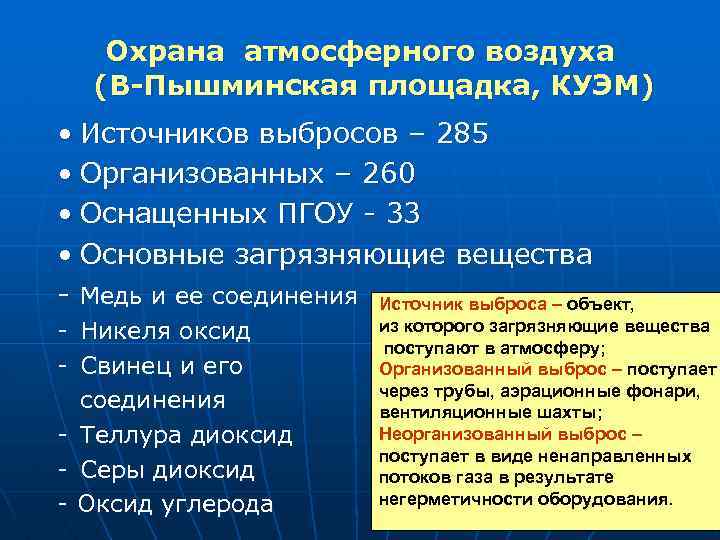 Охрана атмосферного воздуха (В-Пышминская площадка, КУЭМ) • Источников выбросов – 285 • Организованных –