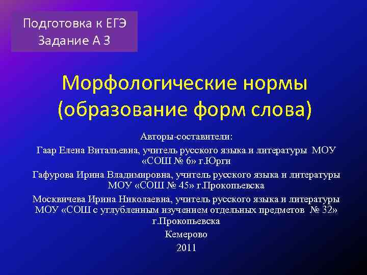 Подготовка к ЕГЭ Задание А 3 Морфологические нормы (образование форм слова) Авторы-составители: Гаар Елена