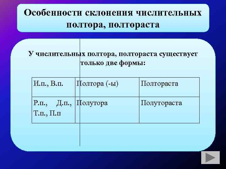 Особенности склонения числительных полтора, полтораста У числительных полтора, полтораста существует только две формы: И.