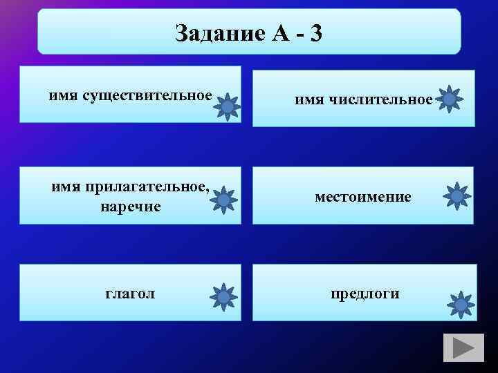 Задание А - 3 имя существительное имя числительное имя прилагательное, наречие местоимение глагол предлоги