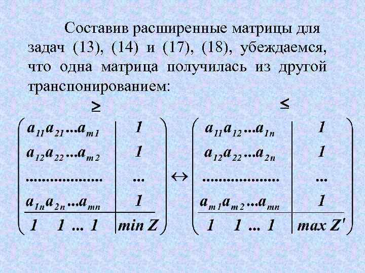 Составив расширенные матрицы для задач (13), (14) и (17), (18), убеждаемся, что одна матрица