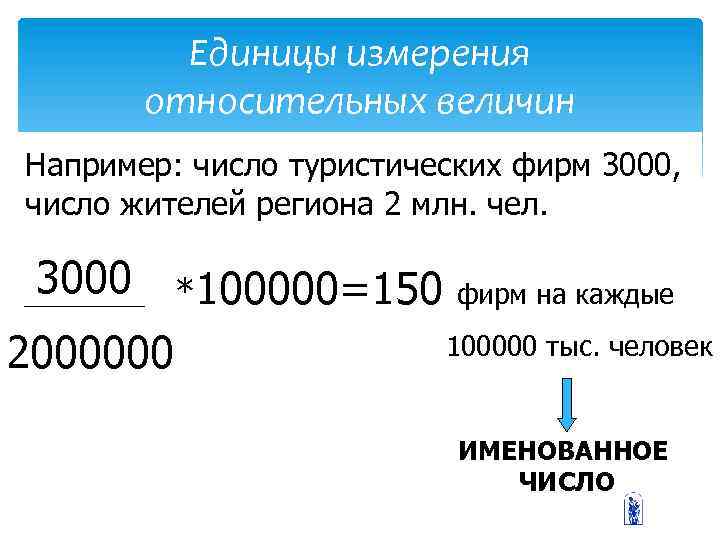 Единицы измерения относительных величин Например: число туристических фирм 3000, число жителей региона 2 млн.