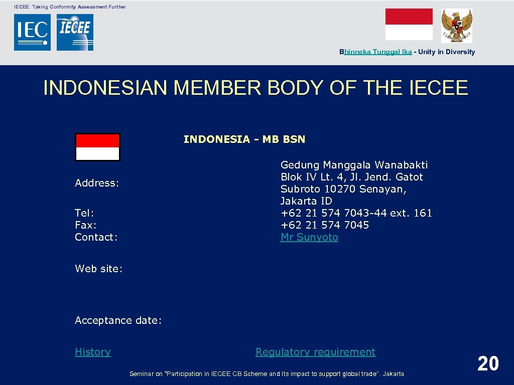  IECEE. Taking Conformity Assessment Further Bhinneka Tunggal Ika - Unity in Diversity INDONESIAN