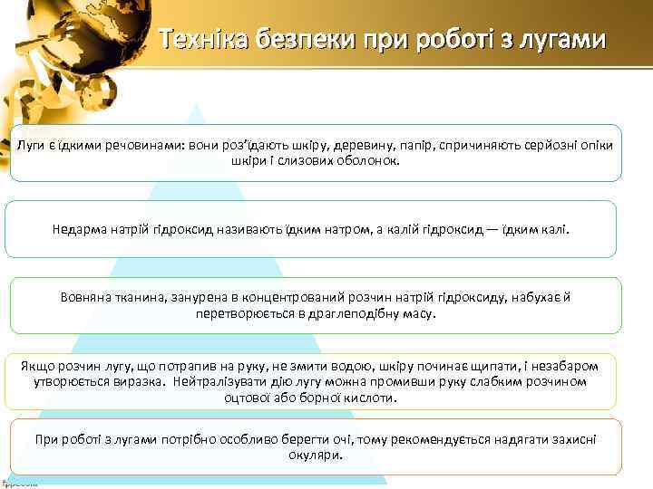 Техніка безпеки при роботі з лугами Луги є їдкими речовинами: вони роз’їдають шкіру, деревину,