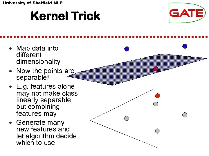 University of Sheffield NLP Kernel Trick • Map data into different dimensionality • Now