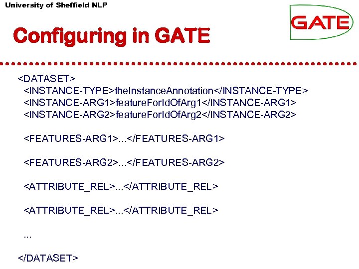 University of Sheffield NLP Configuring in GATE <DATASET> <INSTANCE-TYPE>the. Instance. Annotation</INSTANCE-TYPE> <INSTANCE-ARG 1>feature. For.
