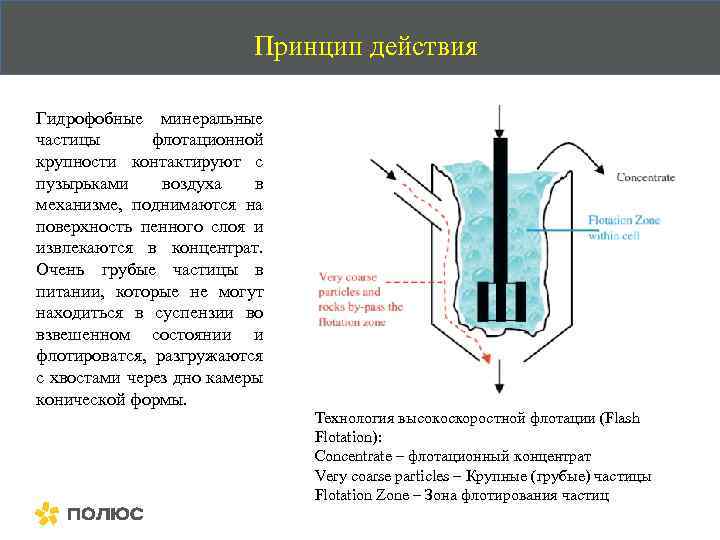 Принцип действия Гидрофобные минеральные частицы флотационной крупности контактируют с пузырьками воздуха в механизме, поднимаются