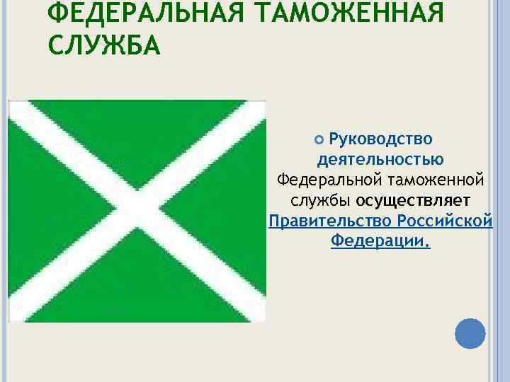 ФЕДЕРАЛЬНАЯ ТАМОЖЕННАЯ СЛУЖБА Руководство деятельностью Федеральной таможенной службы осуществляет Правительство Российской Федерации. 