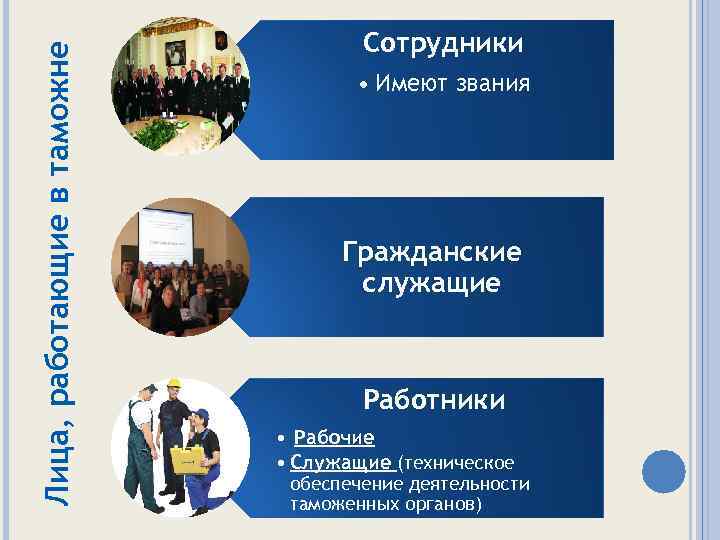 Лица, работающие в таможне Сотрудники • Имеют звания Гражданские служащие Работники • Рабочие •