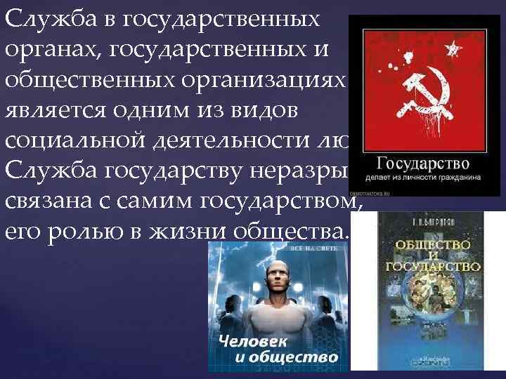 Служба в государственных органах, государственных и общественных организациях является одним из видов социальной деятельности