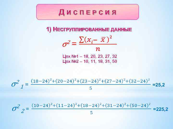 ДИСПЕРСИЯ 1) НЕСГРУППИРОВАННЫЕ ДАННЫЕ Цех № 1 – 18, 20, 23, 27, 32 Цех