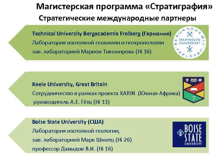 Магистерская программа «Стратиграфия» Стратегические международные партнеры Technical University Bergacademie Freiberg (Германия) Лаборатория изотопной геохимии
