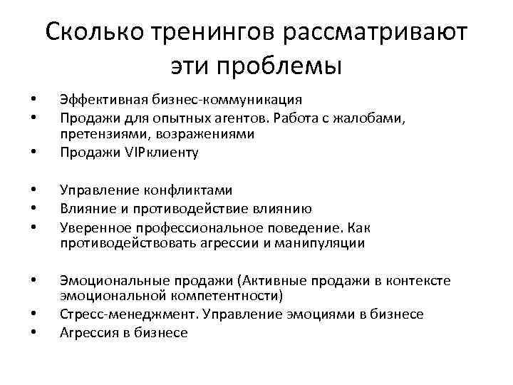 Сколько тренингов рассматривают эти проблемы • • • Эффективная бизнес-коммуникация Продажи для опытных агентов.