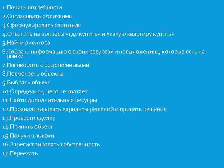 1. Понять потребности 2. Согласовать с близкими 3. Сформулировать свои цели 4. Ответить на