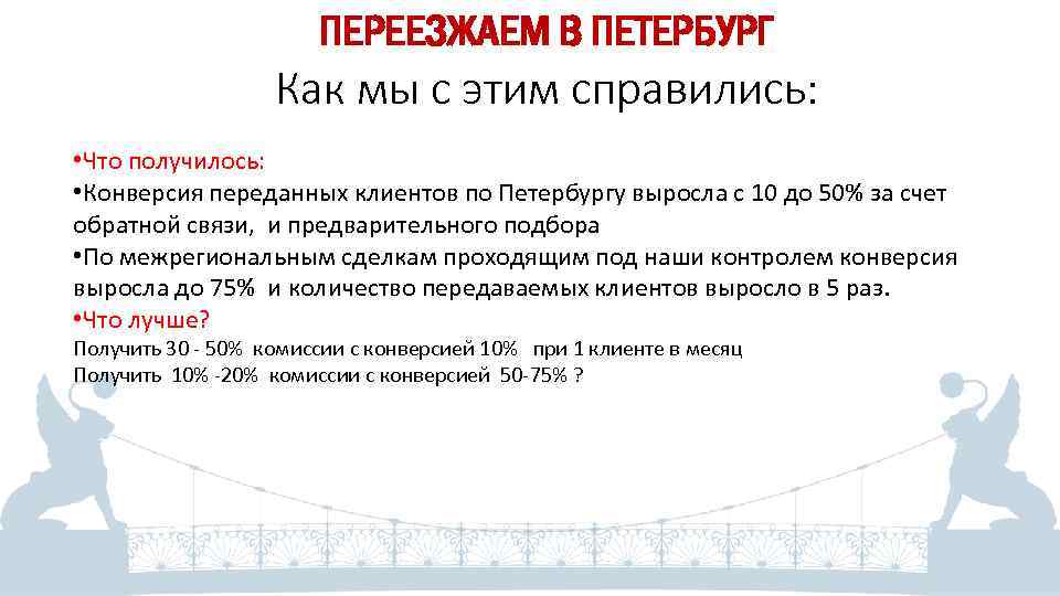 ПЕРЕЕЗЖАЕМ В ПЕТЕРБУРГ Как мы с этим справились: • Что получилось: • Конверсия переданных