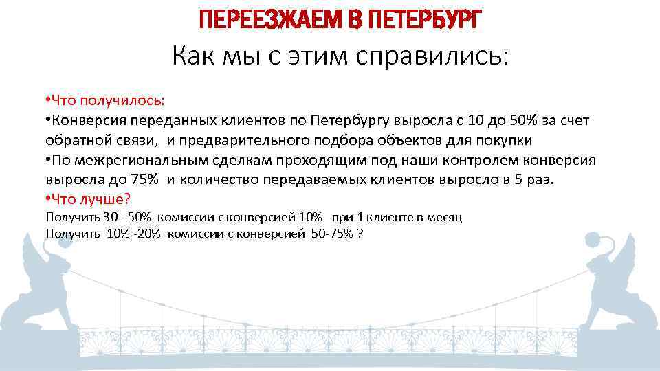 ПЕРЕЕЗЖАЕМ В ПЕТЕРБУРГ Как мы с этим справились: • Что получилось: • Конверсия переданных