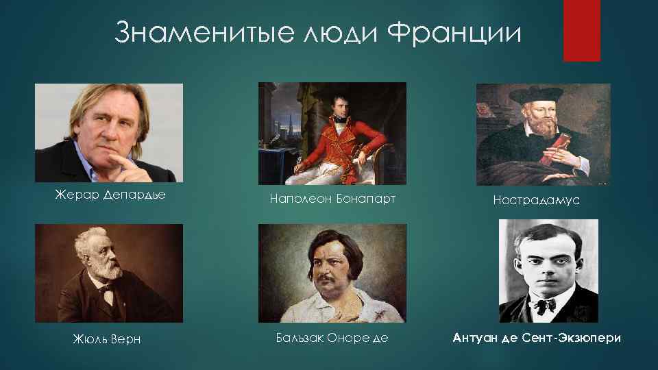 Знаменитые люди Франции Жерар Депардье Наполеон Бонапарт Нострадамус Жюль Верн Бальзак Оноре де Антуан