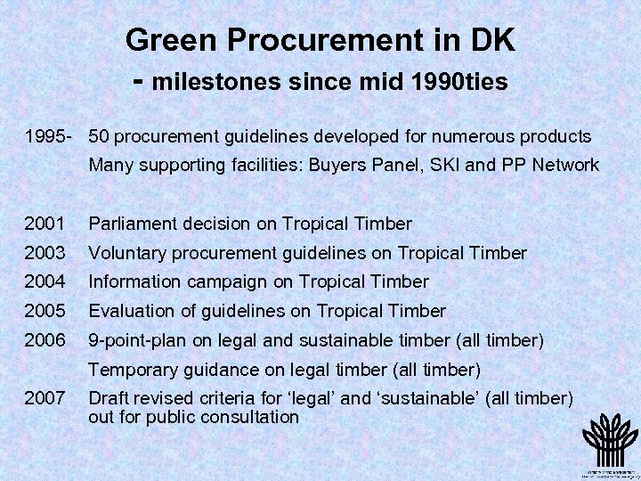 Green Procurement in DK - milestones since mid 1990 ties 1995 - 50 procurement