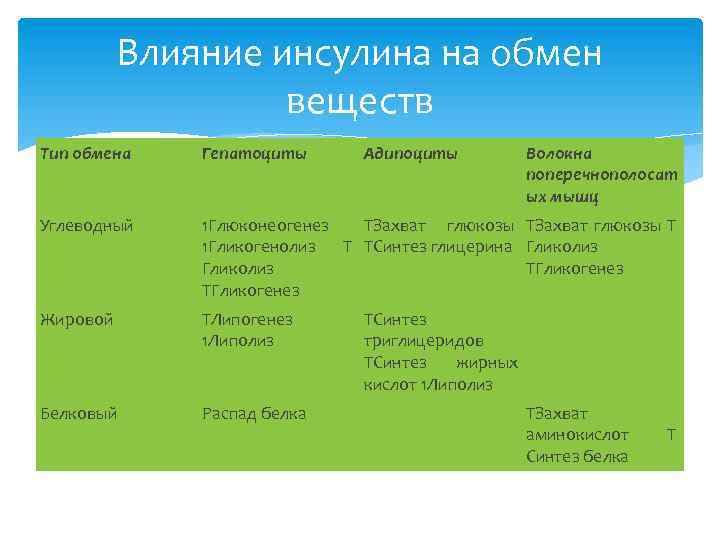 Влияние инсулина на обмен веществ Тип обмена Гепатоциты Адипоциты Волокна поперечнополосат ых мышц Углеводный