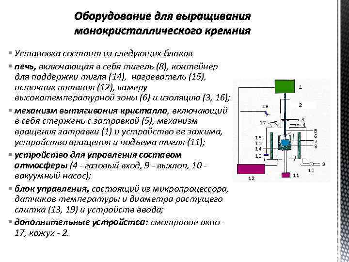 § Установка состоит из следующих блоков § печь, включающая в себя тигель (8), контейнер