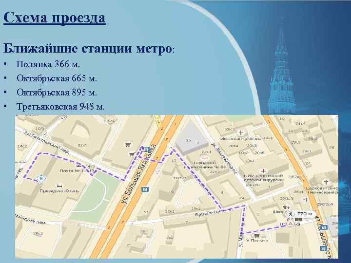 Схема проезда Ближайшие станции метро: • • Полянка 366 м. Октябрьская 665 м. Октябрьская