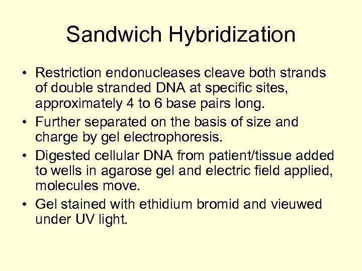 Sandwich Hybridization • Restriction endonucleases cleave both strands of double stranded DNA at specific