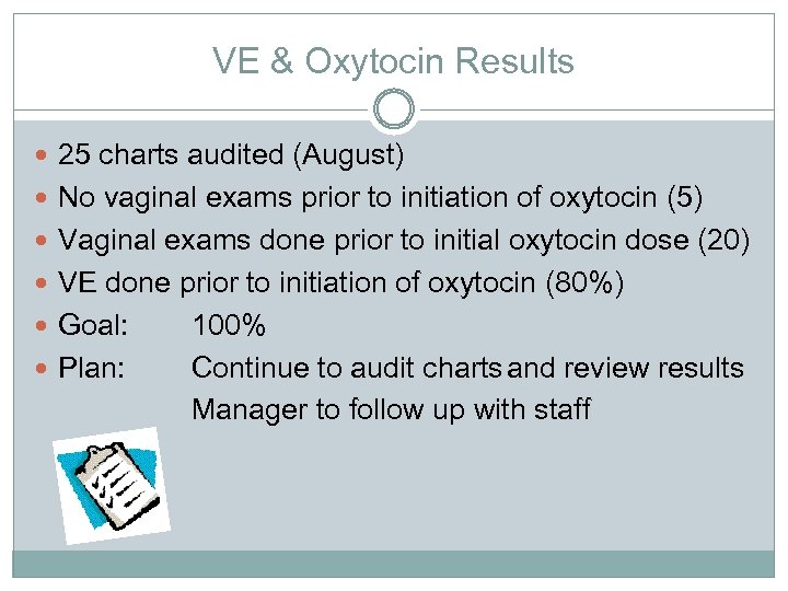 VE & Oxytocin Results 25 charts audited (August) No vaginal exams prior to initiation