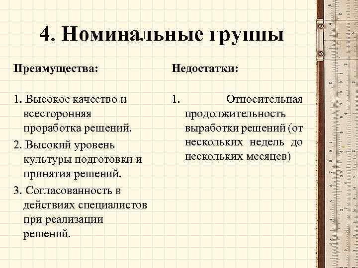 4. Номинальные группы Преимущества: Недостатки: 1. Высокое качество и всесторонняя проработка решений. 2. Высокий