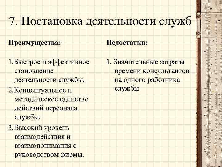 7. Постановка деятельности служб Преимущества: Недостатки: 1. Быстрое и эффективное становление деятельности службы. 2.