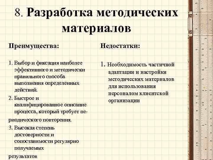 8. Разработка методических материалов Преимущества: Недостатки: 1. Выбор и фиксация наиболее эффективного и методически