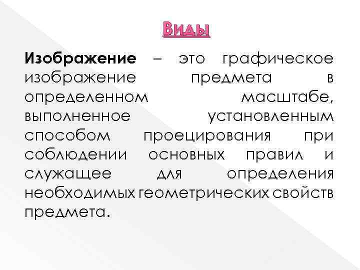 Виды Изображение – это графическое изображение предмета в определенном масштабе, выполненное установленным способом проецирования