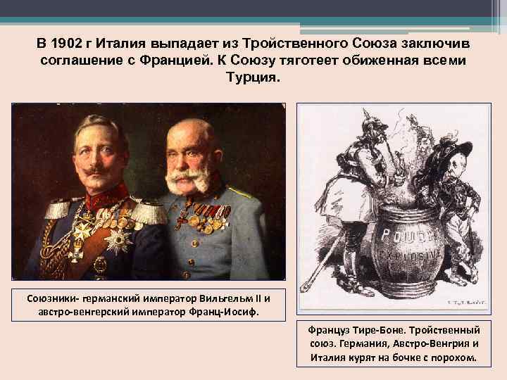 В 1902 г Италия выпадает из Тройственного Союза заключив соглашение с Францией. К Союзу