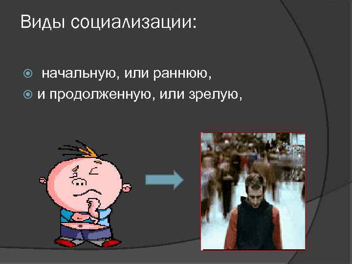 Виды социализации: начальную, или раннюю, и продолженную, или зрелую, 
