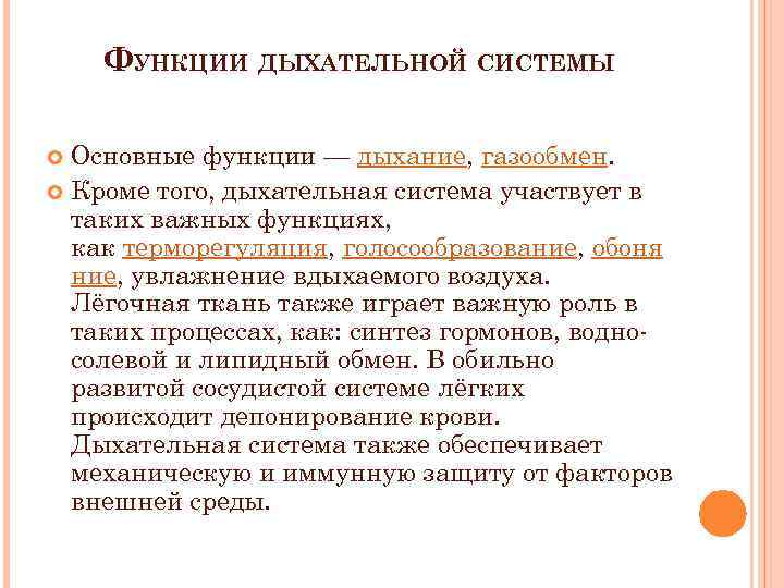 ФУНКЦИИ ДЫХАТЕЛЬНОЙ СИСТЕМЫ Основные функции — дыхание, газообмен. Кроме того, дыхательная система участвует в
