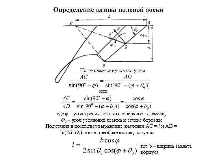 Определение длины полевой доски По теореме синусов получим или где φ – угол трения