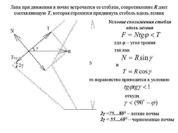 Лапа при движении в почве встречается ее стеблем, сопротивление R дает составляющую Т, которая