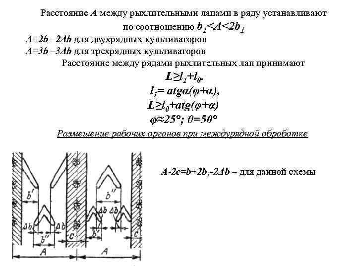 Расстояние А между рыхлительными лапами в ряду устанавливают по соотношению b 1<A<2 b 1