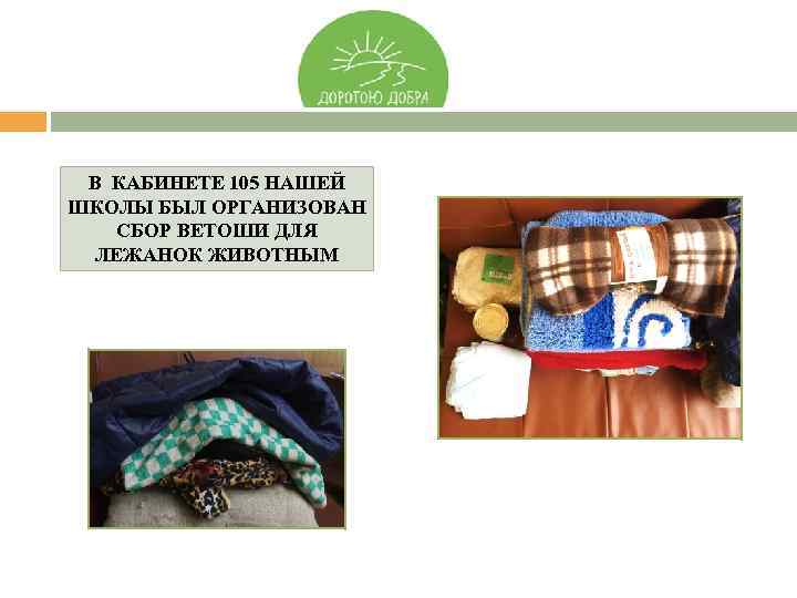 В КАБИНЕТЕ 105 НАШЕЙ ШКОЛЫ БЫЛ ОРГАНИЗОВАН СБОР ВЕТОШИ ДЛЯ ЛЕЖАНОК ЖИВОТНЫМ 