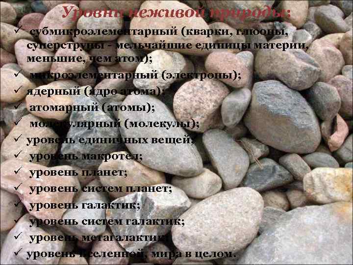 Уровни неживой природы: ü субмикроэлементарный (кварки, глюоны, ü ü ü суперструны - мельчайшие единицы