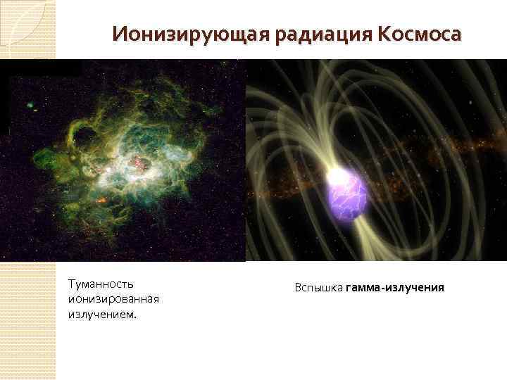 Ионизирующая радиация Космоса Туманность ионизированная излучением. Вспышка гамма-излучения 