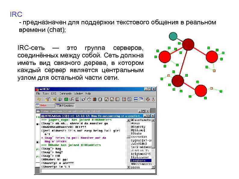 IRC - предназначен для поддержки текстового общения в реальном времени (chat); IRC-сеть — это