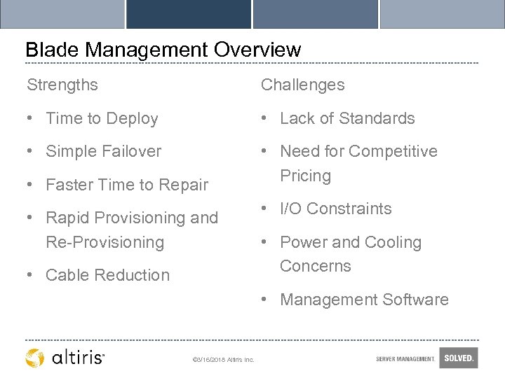 Blade Management Overview Strengths Challenges • Time to Deploy • Lack of Standards •