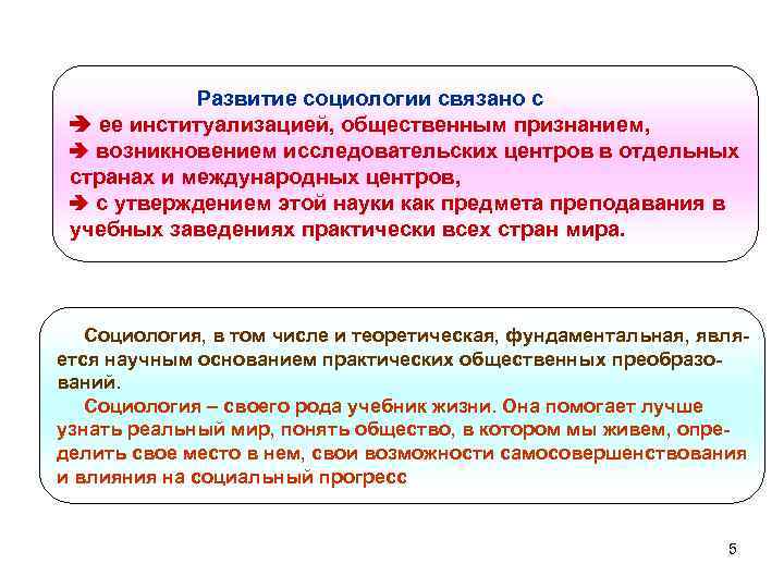 Развитие социологии связано с ее институализацией, общественным признанием, возникновением исследовательских центров в отдельных странах