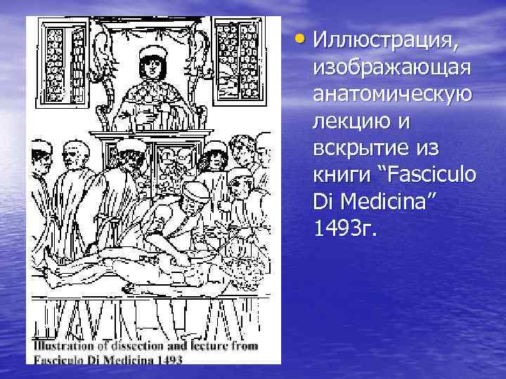  • Иллюстрация, изображающая анатомическую лекцию и вскрытие из книги “Fasciculo Di Medicina” 1493