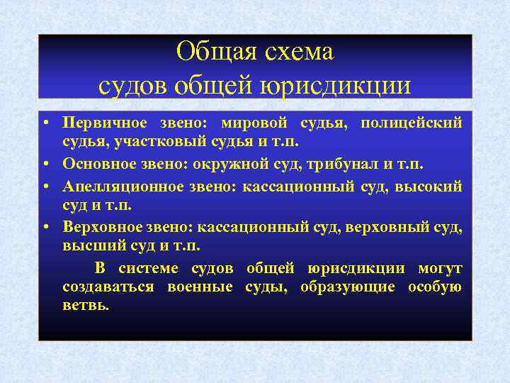 Общая схема судов общей юрисдикции • Первичное звено: мировой судья, полицейский судья, участковый судья
