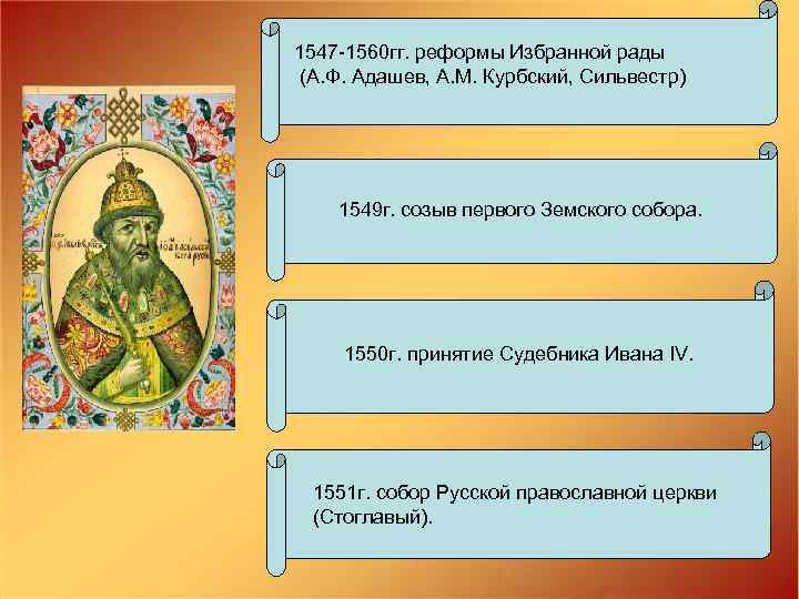 1547 -1560 гг. реформы Избранной рады (А. Ф. Адашев, А. М. Курбский, Сильвестр) 1549