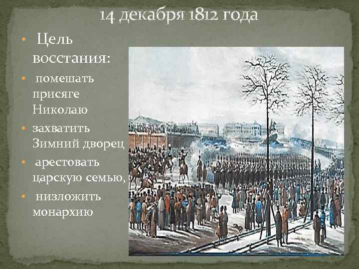 14 декабря 1812 года • Цель восстания: • помешать присяге Николаю • захватить Зимний