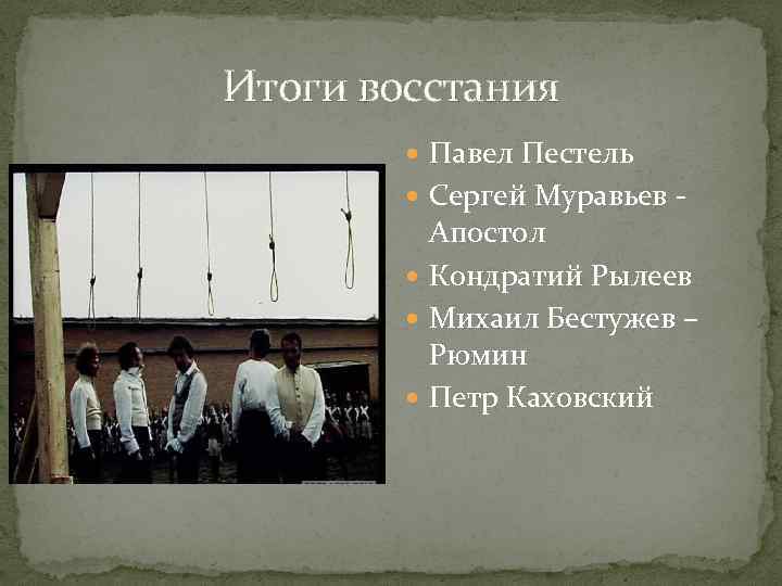 Итоги восстания Павел Пестель Сергей Муравьев - Апостол Кондратий Рылеев Михаил Бестужев – Рюмин