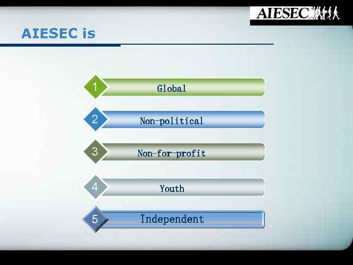 AIESEC is 1 Global 2 Non-political 3 Non-for-profit 4 Youth 5 Independent 